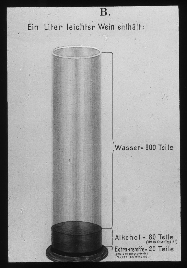 Bestandteile der alkoholischen Getränke: Ein Liter leichert Wein enthält im Durchschnitt: Wasser 900 Teile, Alkohol 80 Teile, Extraktstoffen 20 Teile