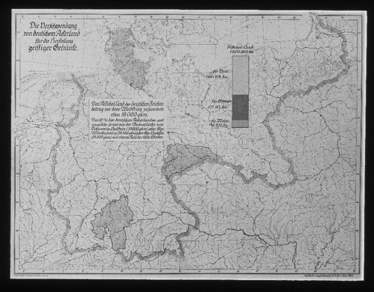 Die Verschwendung des deutschen Ackerlandes für die Herstellung geistiger Getränke vor dem Weltkrieg, dargestellt an der Karte des Deutschen Reiches. (Alkoholland – 18000 qkm 1/38 des deutschen Ackerlandes)