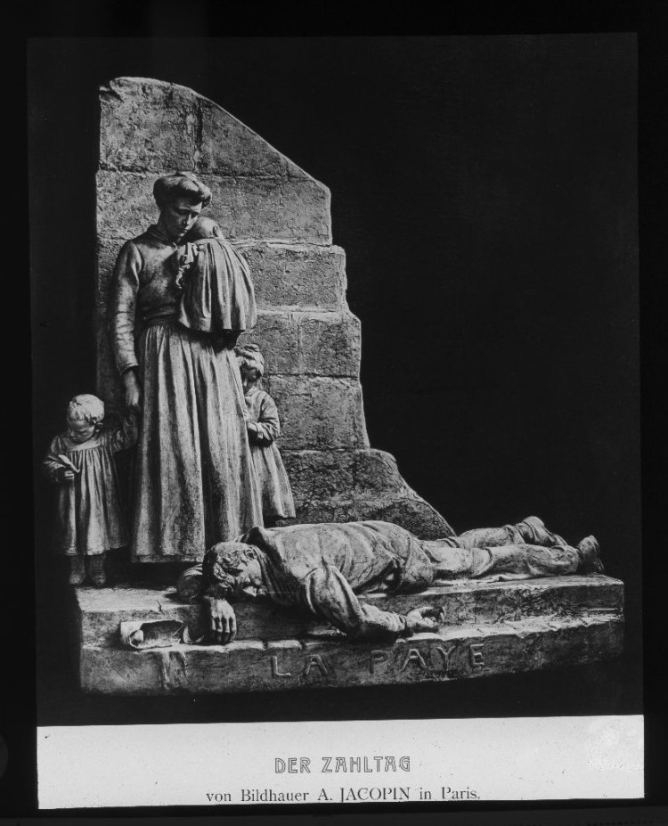 Der Zahltag. (Skulptur von A. Jacopin, Paris)