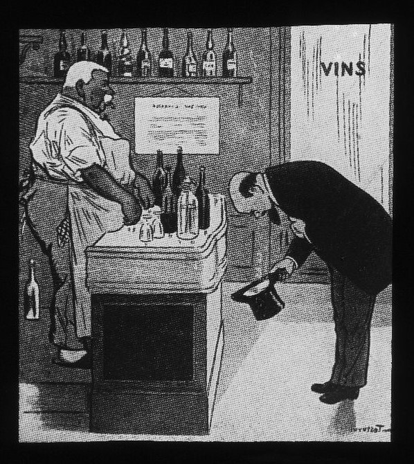 Karikatur: Französischer Deputierter bittet den Kneipwirt um politische Unterstützung. (ein ernster Hinweis auf die Macht des Alkoholkapitals)