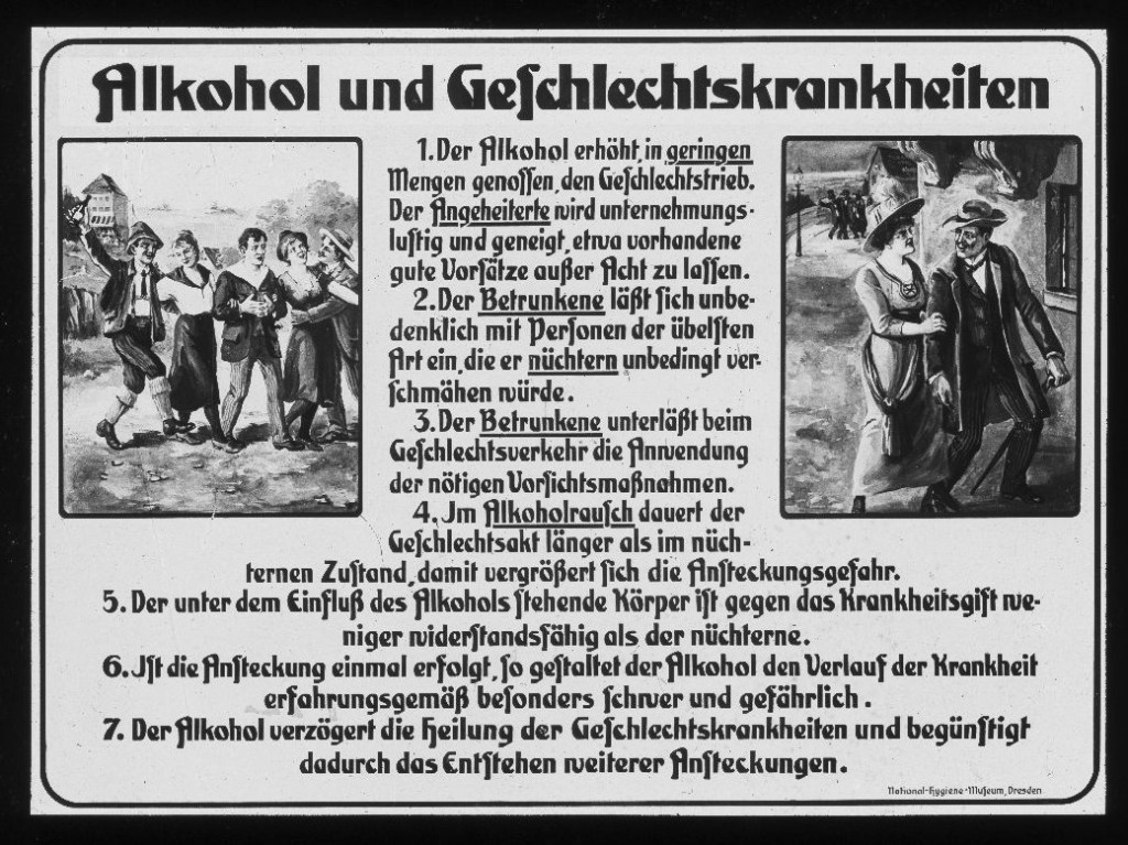 Alkohol und Geschlechtskrankheiten. (Ansteckung begünstigt durch leichte und schwere Berauschung: Geringere Widerstandsfähigkeit, schwerer Verlauf und verzögerte Heilung bei Alkoholgenuss)
